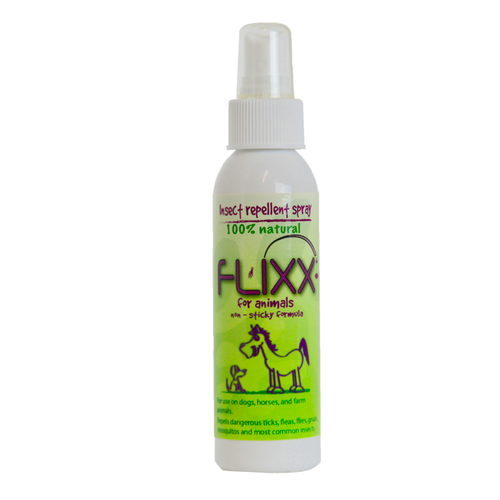 A spray bottle of Flixx 100% natural insect repellent for animals