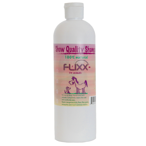 A bottle of Flixx for animals show-quality pet shampoo