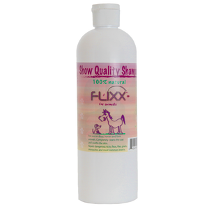 A bottle of Flixx for animals show-quality pet shampoo