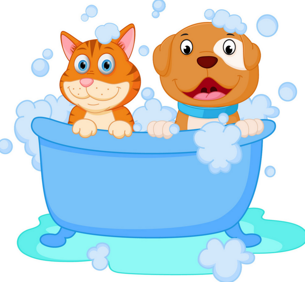 Cartoon image of a cat and dog taking a sudsy bath